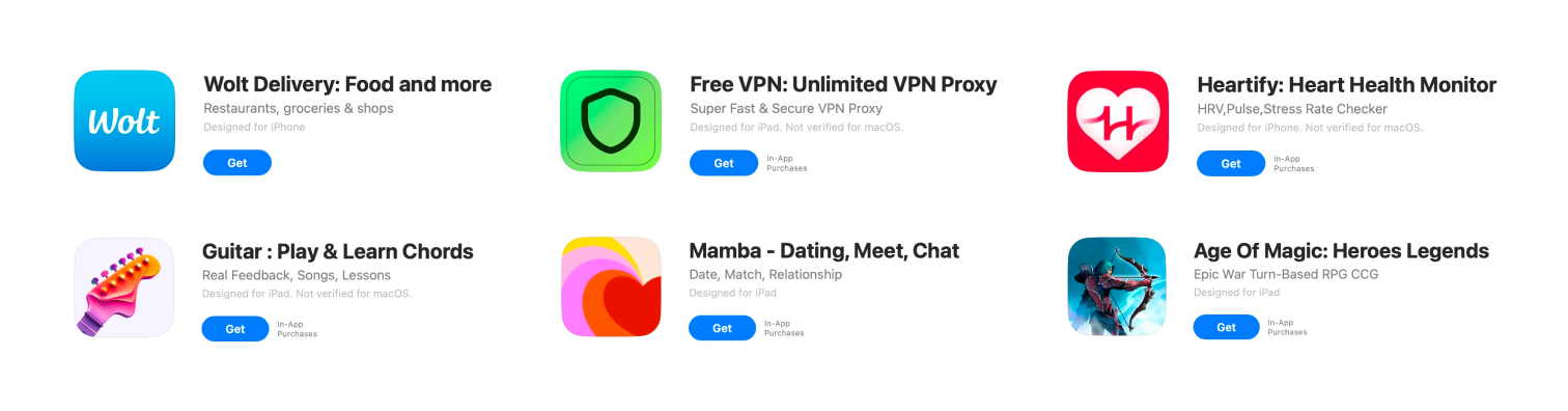 A collection of search results from the App Store, showing all metadata visible to users and valid for organic ranking: title, subtitle.