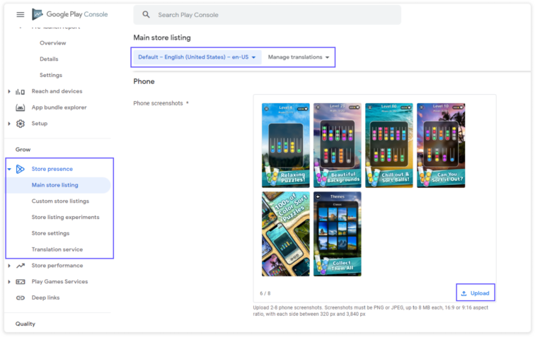 google play console main store listing overview