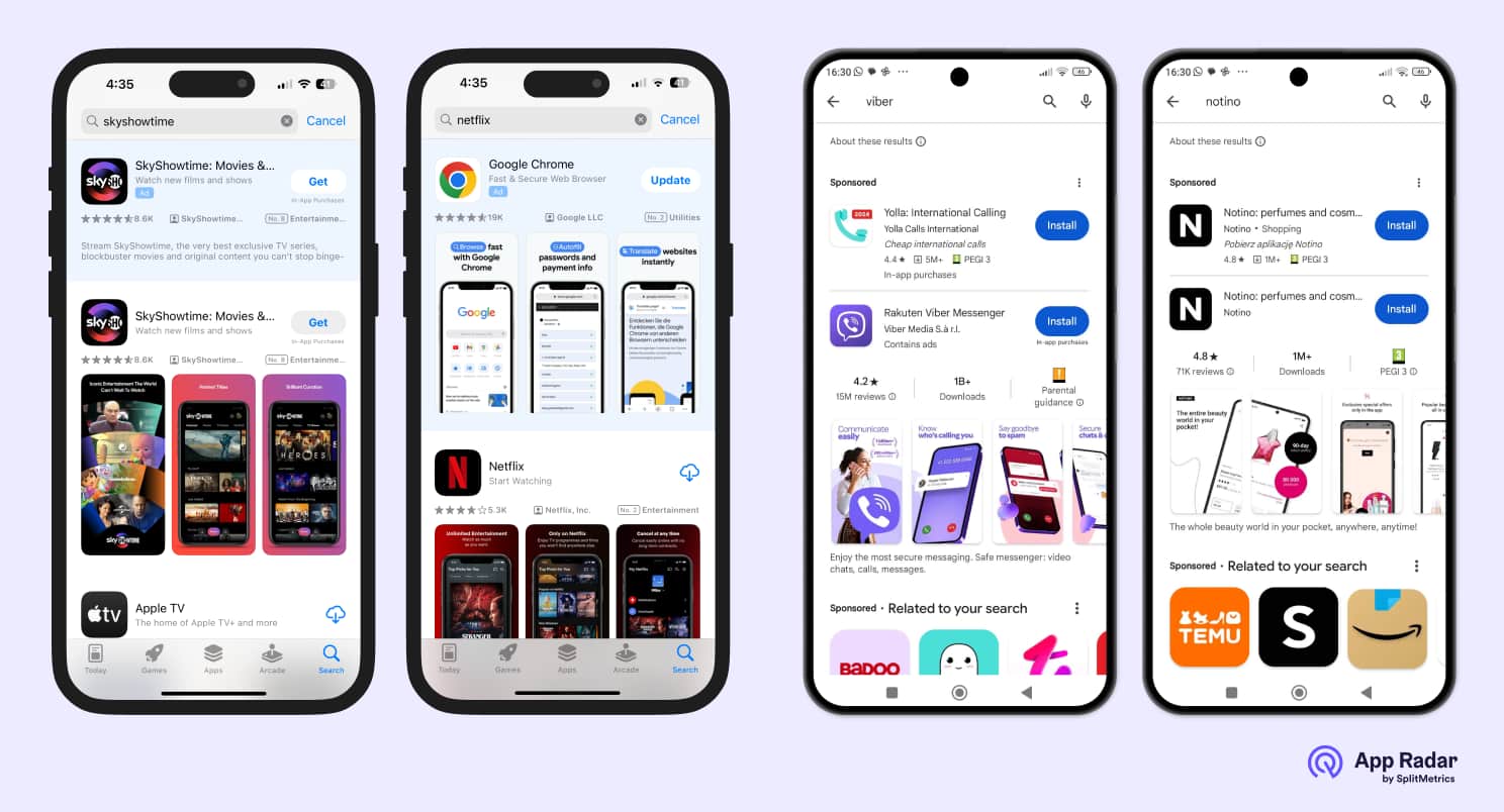 A comparison between App Store and Google Play search results.