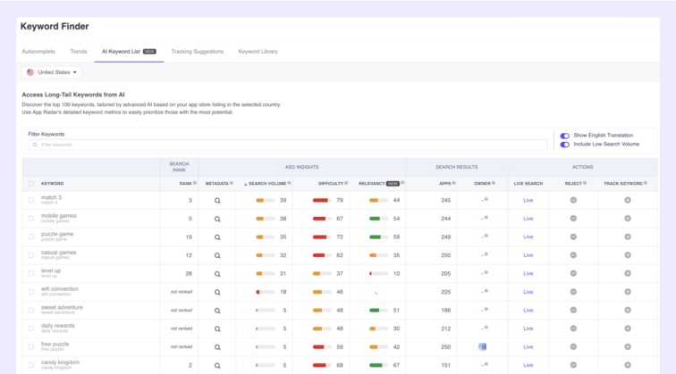 App Radar keyword intelligence, metrics, finder